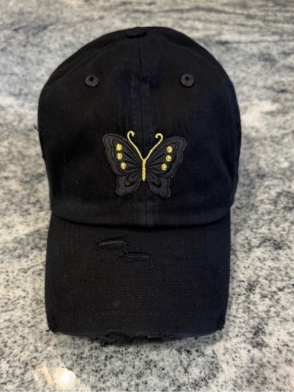 New Custom Designed Black Distressed Baseball Cap with Black & Gold Butterfly